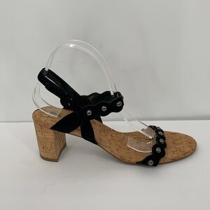 Van Eli cork bottom strappy sandal scallop black shoe heel stud 11 NARROW 11N
